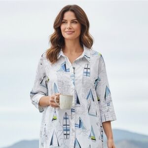 Ulla Popken Sailboat Blouse Tunic Top Sz 16 18 XL Cotton Coastal Nautical
